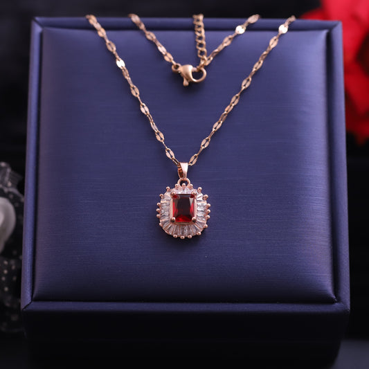 Rose Gold Red Gemstone Halo Necklace | Statement Zirconia Pendant