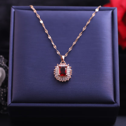 Rose Gold Red Gemstone Halo Necklace | Statement Zirconia Pendant