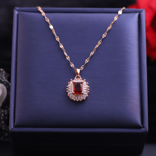 Rose Gold Red Gemstone Halo Necklace | Statement Zirconia Pendant