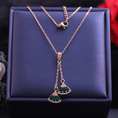 Rose Gold Fan Tassel Necklace | Green Emerald and Zirconia Pendant