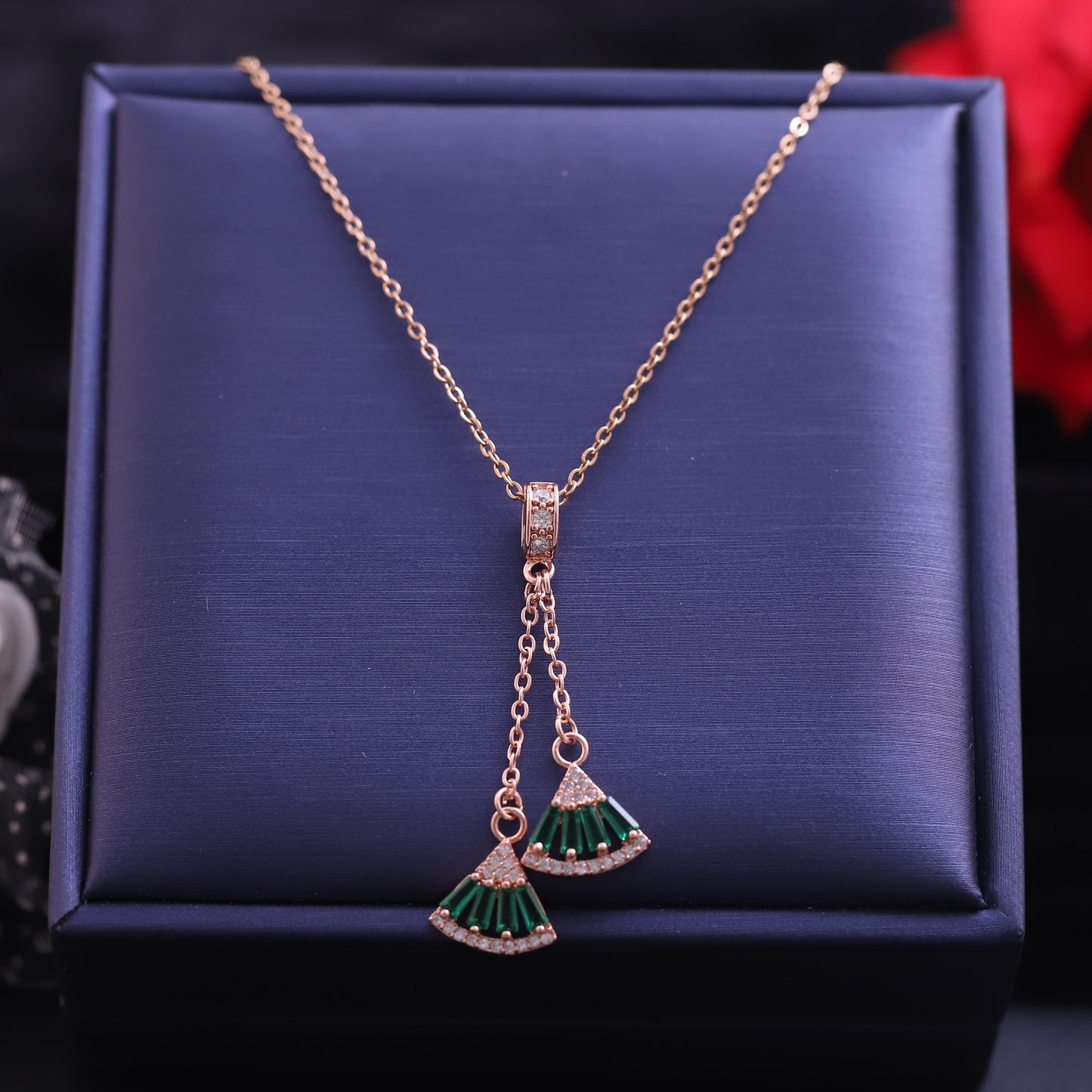 Rose Gold Fan Tassel Necklace | Green Emerald and Zirconia Pendant