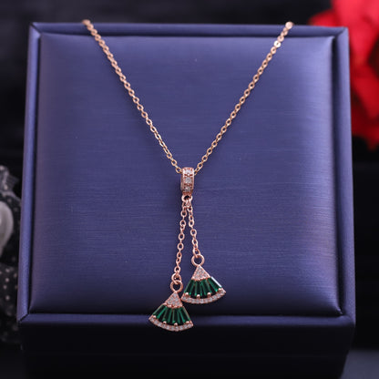 Rose Gold Fan Tassel Necklace | Green Emerald and Zirconia Pendant