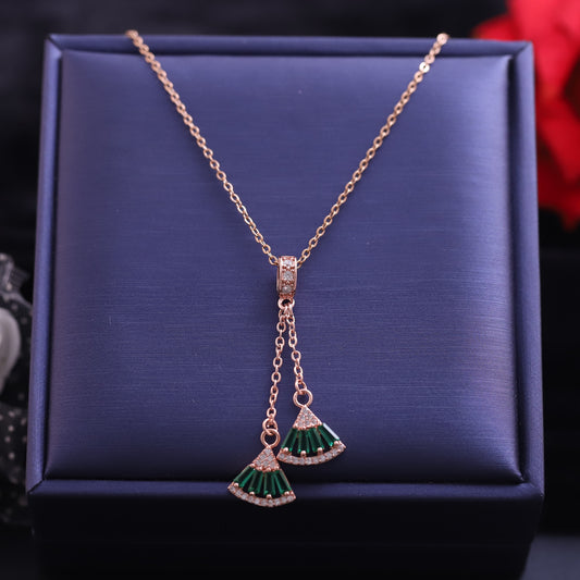 Rose Gold Fan Tassel Necklace | Green Emerald and Zirconia Pendant