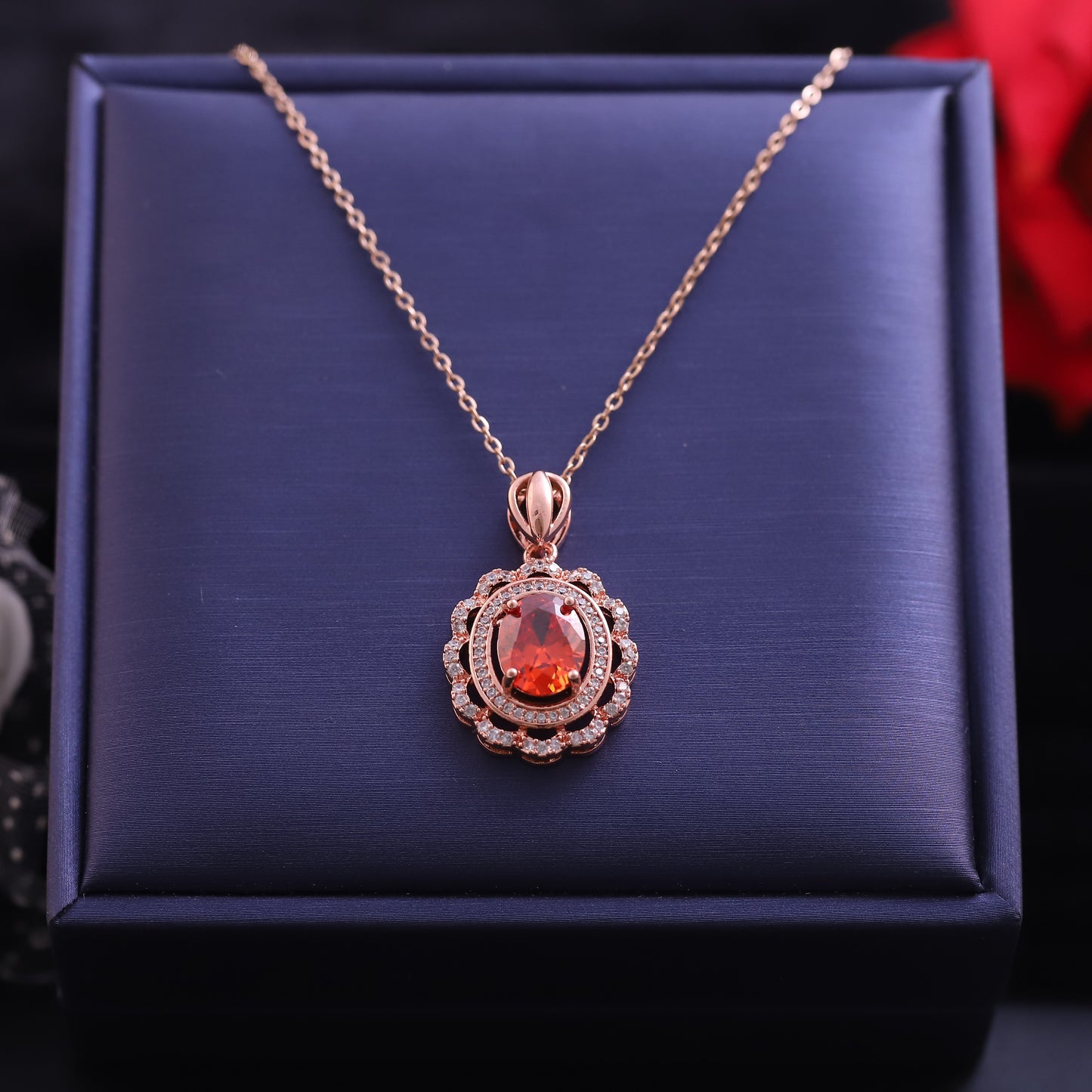 Rose Gold Oval Orange Gemstone Necklace | Halo Zirconia Pendant