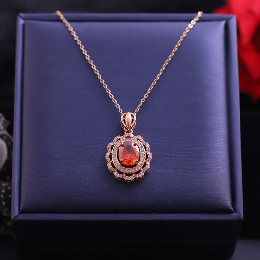 Rose Gold Oval Orange Gemstone Necklace | Halo Zirconia Pendant