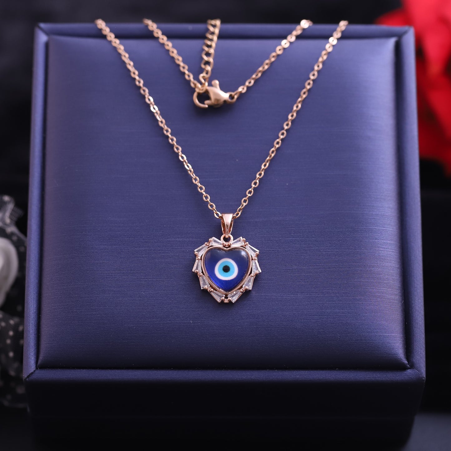 Rose Gold Heart Evil Eye Necklace | Zirconia Pave and Blue Enamel Pendant