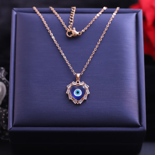 Rose Gold Heart Evil Eye Necklace | Zirconia Pave and Blue Enamel Pendant