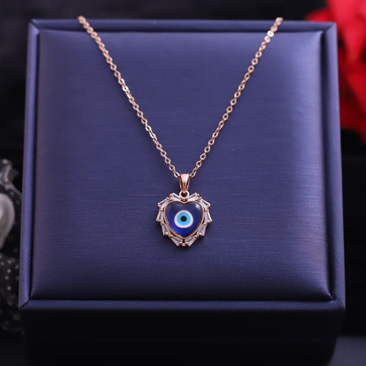 Rose Gold Heart Evil Eye Necklace | Zirconia Pave and Blue Enamel Pendant