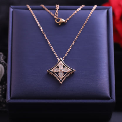 Rose Gold Quatrefoil Necklace | Black Enamel & Pave Zirconia Pendant