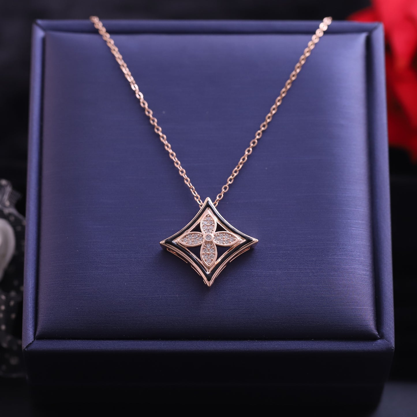 Rose Gold Quatrefoil Necklace | Black Enamel & Pave Zirconia Pendant