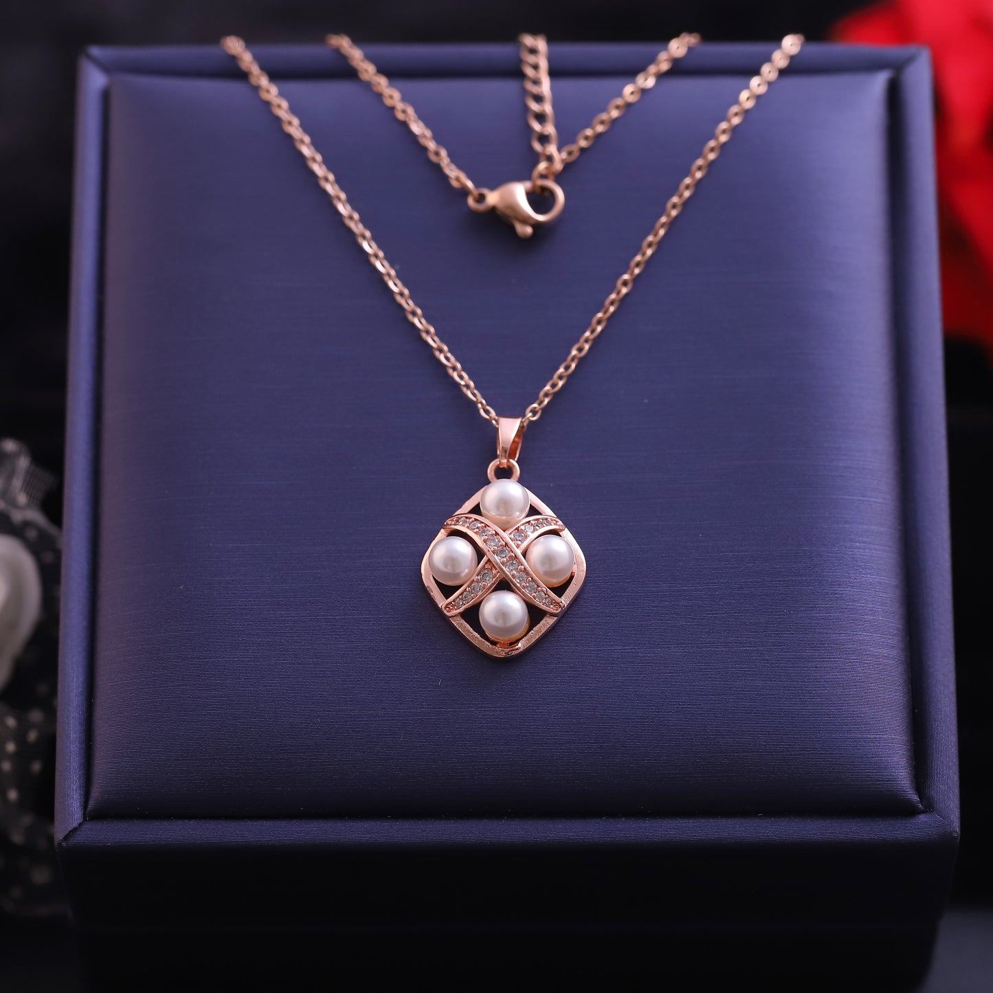 Rose Gold Rhombus Pearl Pendant Necklace | Zirconia Accent Jewelry