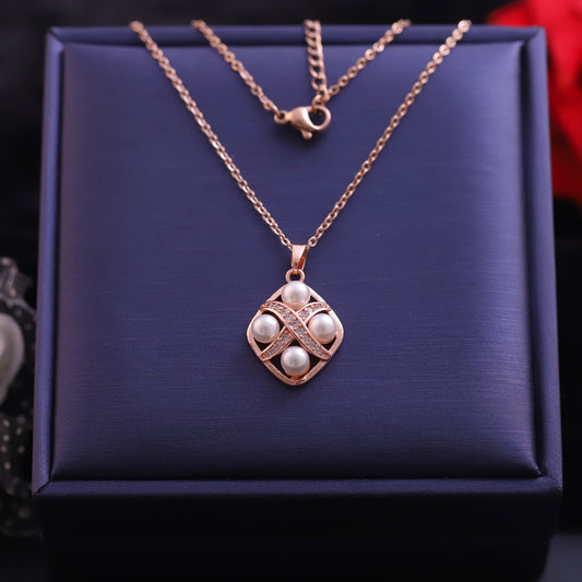 Rose Gold Rhombus Pearl Pendant Necklace | Zirconia Accent Jewelry