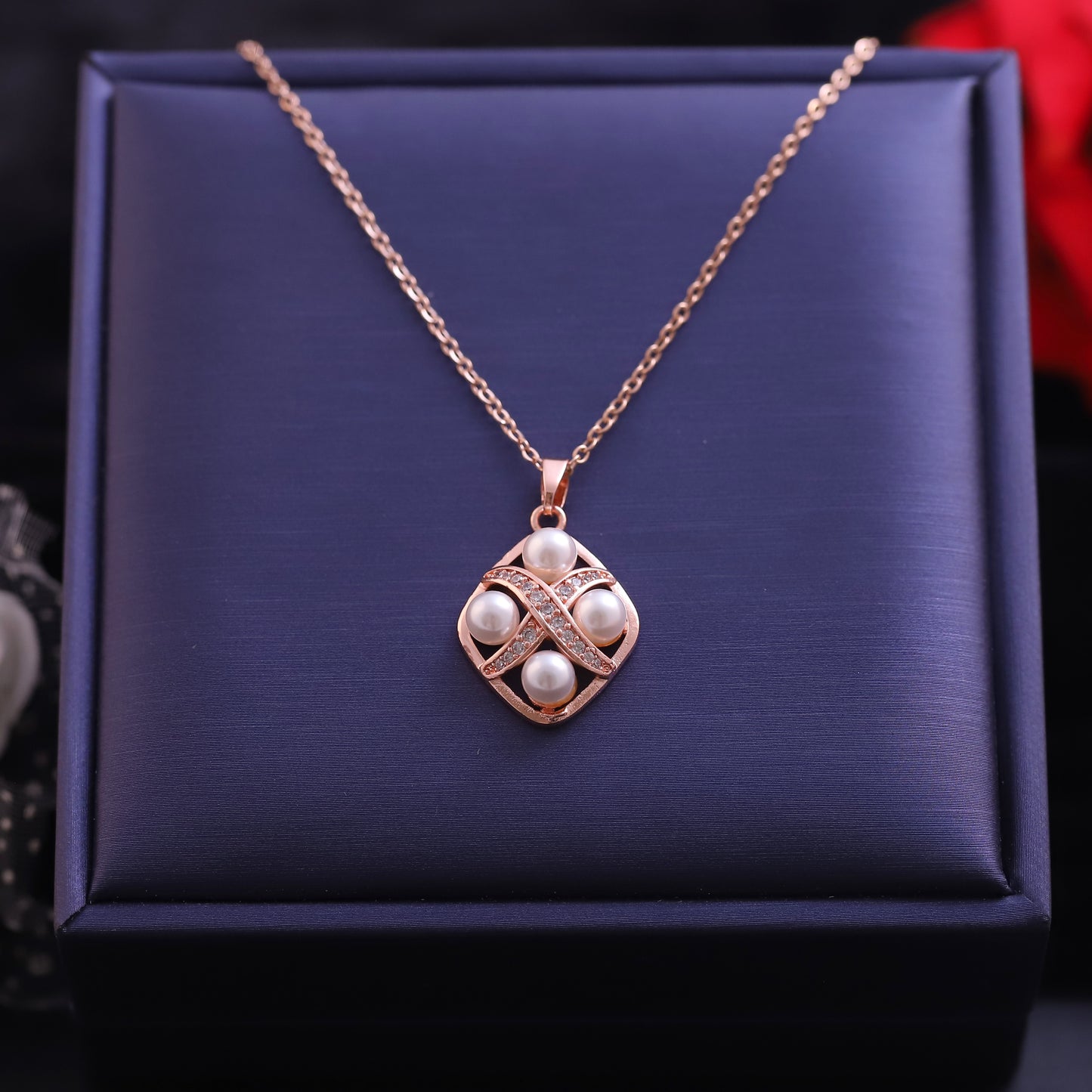 Rose Gold Rhombus Pearl Pendant Necklace | Zirconia Accent Jewelry