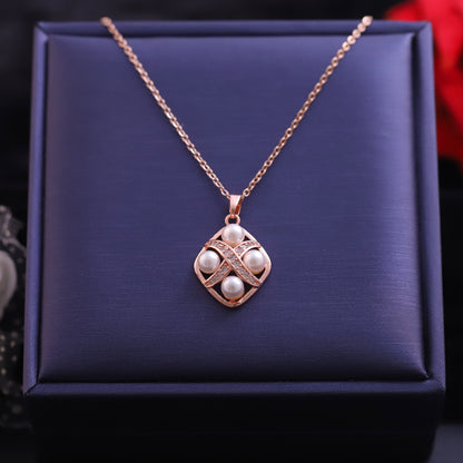 Rose Gold Rhombus Pearl Pendant Necklace | Zirconia Accent Jewelry