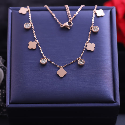 Rose Gold Quatrefoil and Zirconia Drop Necklace | Lucky Charm Dangles