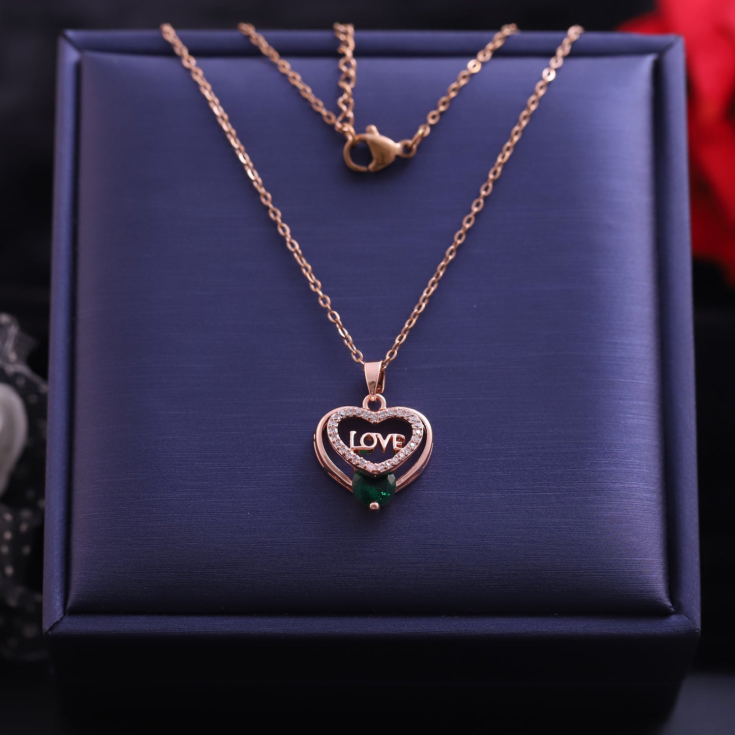 Rose Gold "Love" Heart Necklace | Emerald Zirconia and Pave Diamond Pendant