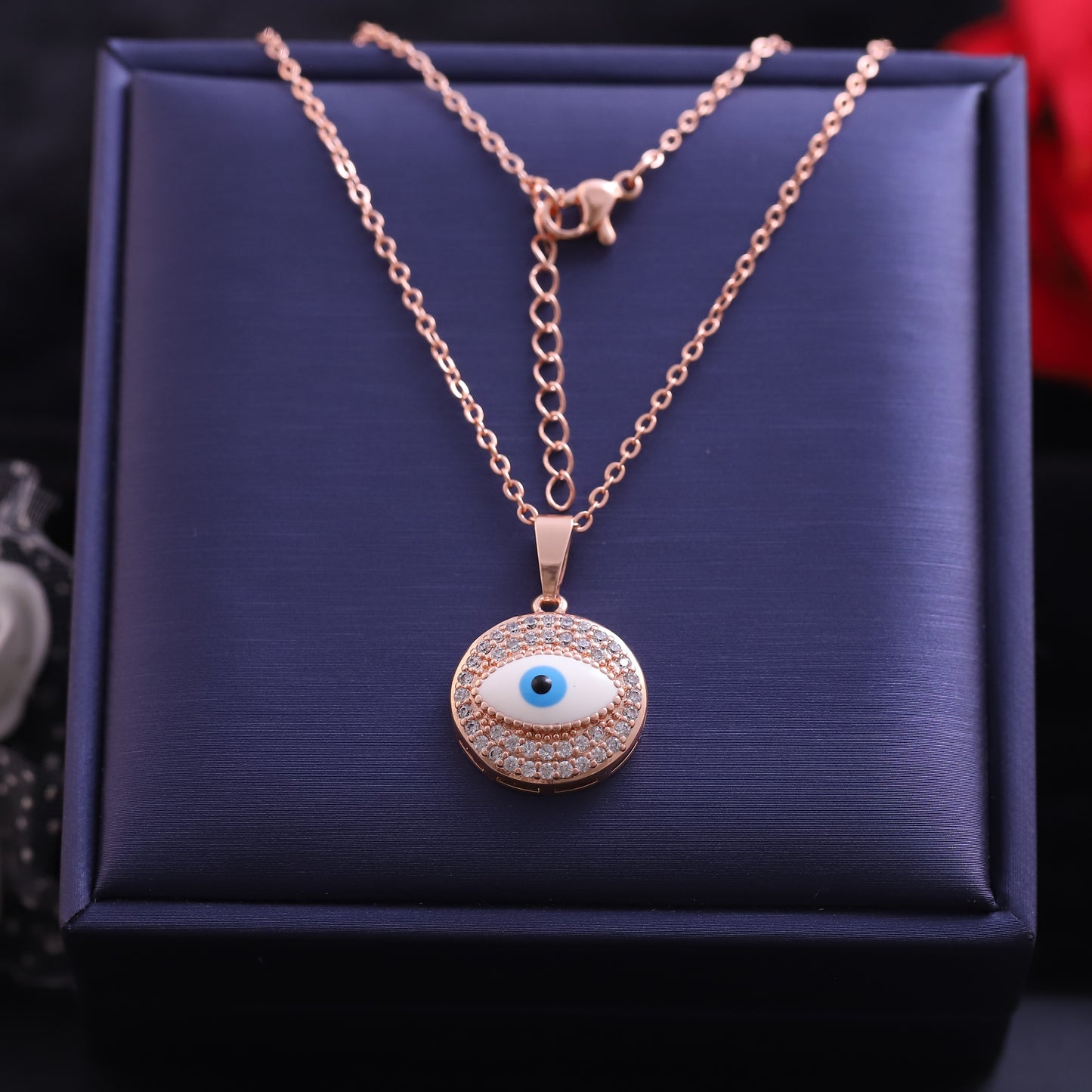 Rose Gold Round Evil Eye Necklace | Pave Zirconia & Blue Enamel Pendant