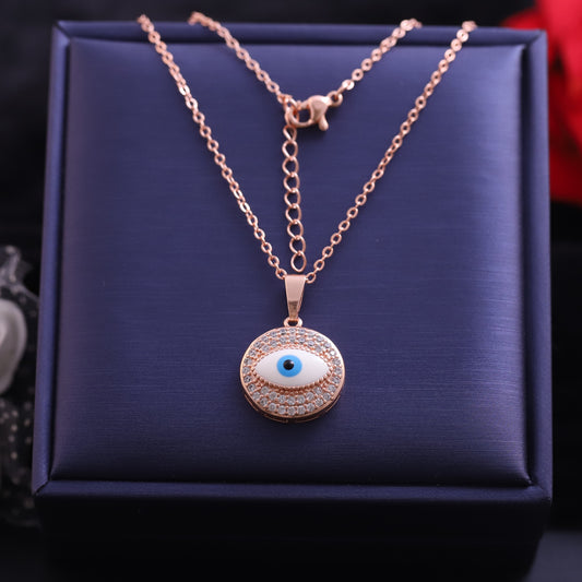 Rose Gold Round Evil Eye Necklace | Pave Zirconia & Blue Enamel Pendant