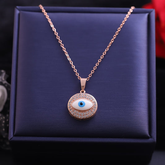 Rose Gold Round Evil Eye Necklace | Pave Zirconia & Blue Enamel Pendant