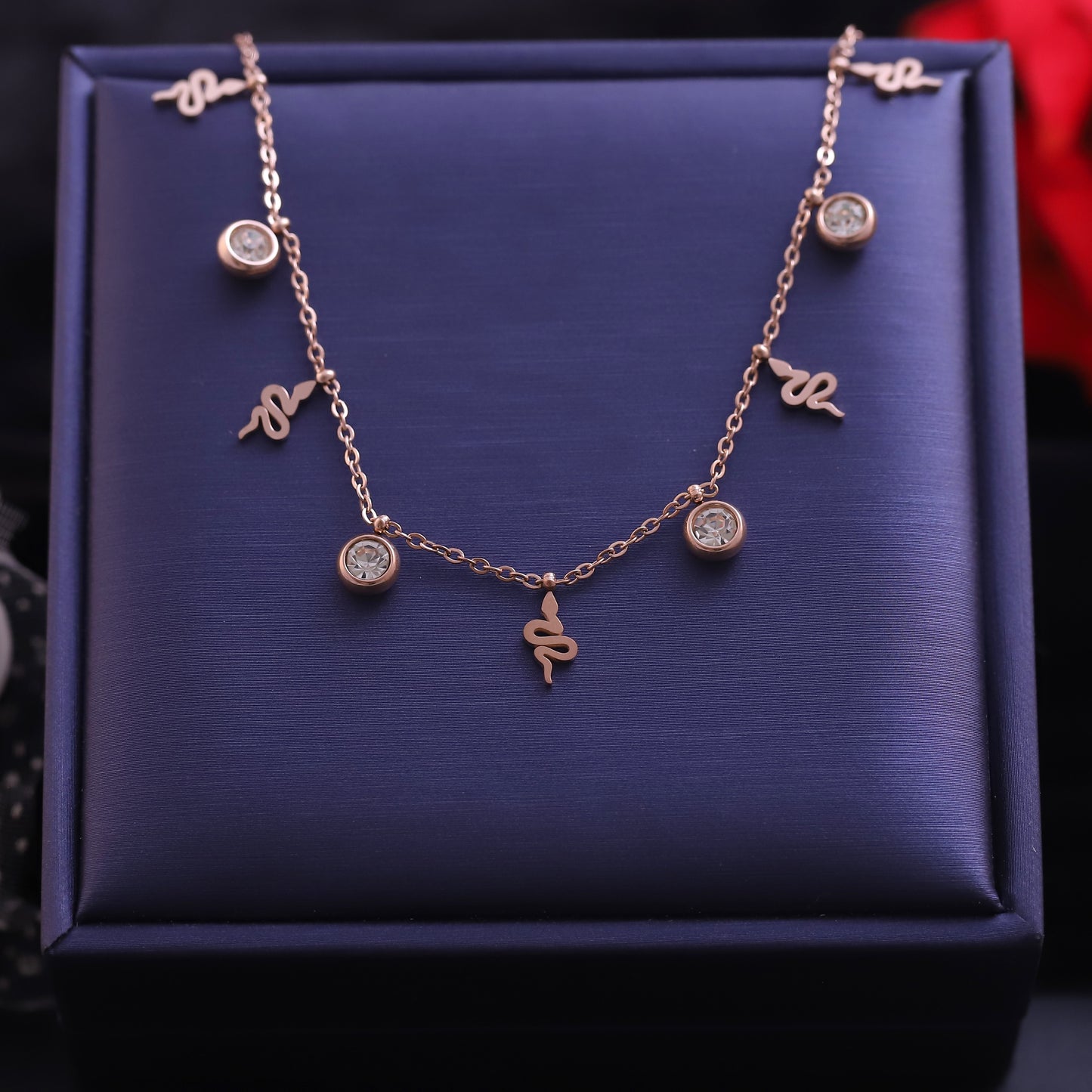 Rose Gold Snake and Zirconia Charm Necklace | Delicate Serpent Pendant
