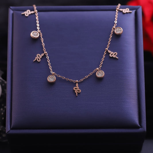 Rose Gold Snake and Zirconia Charm Necklace | Delicate Serpent Pendant