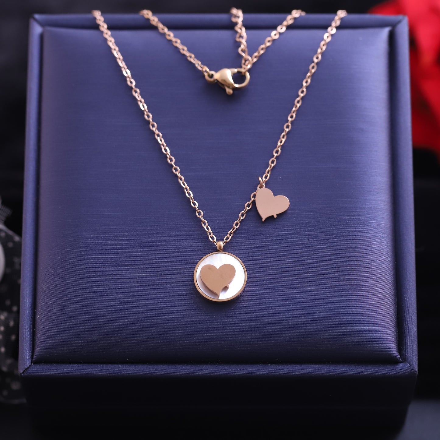 Rose Gold Heart Pendant Necklace | White Inlay & Polished Accents