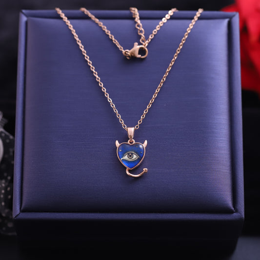 Rose Gold Devil Heart Eye Necklace | Whimsical Enameled Pendant