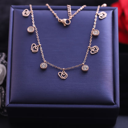 Rose Gold Layered Quatrefoil and Zirconia Necklace | Black Enamel & Lucky Charm