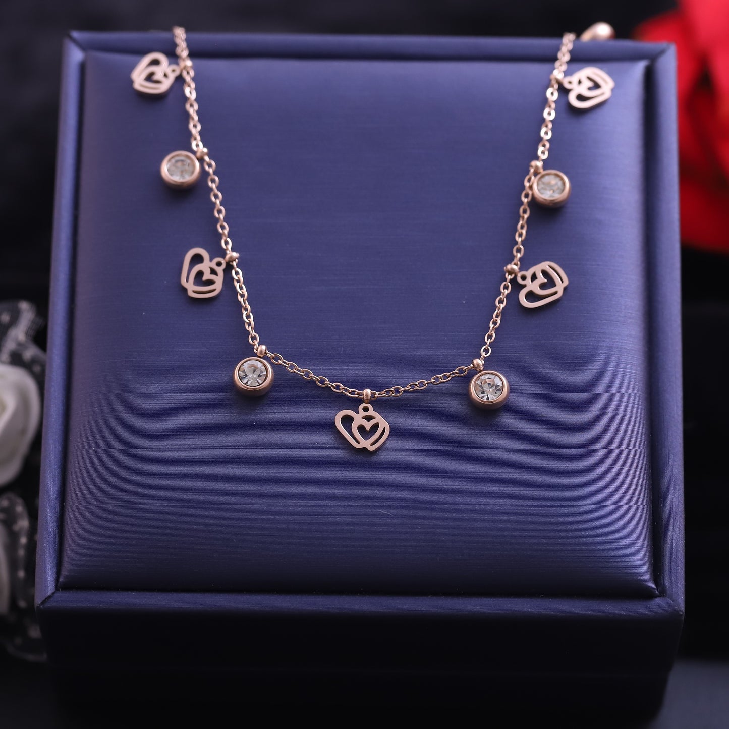 Rose Gold Layered Quatrefoil and Zirconia Necklace | Black Enamel & Lucky Charm