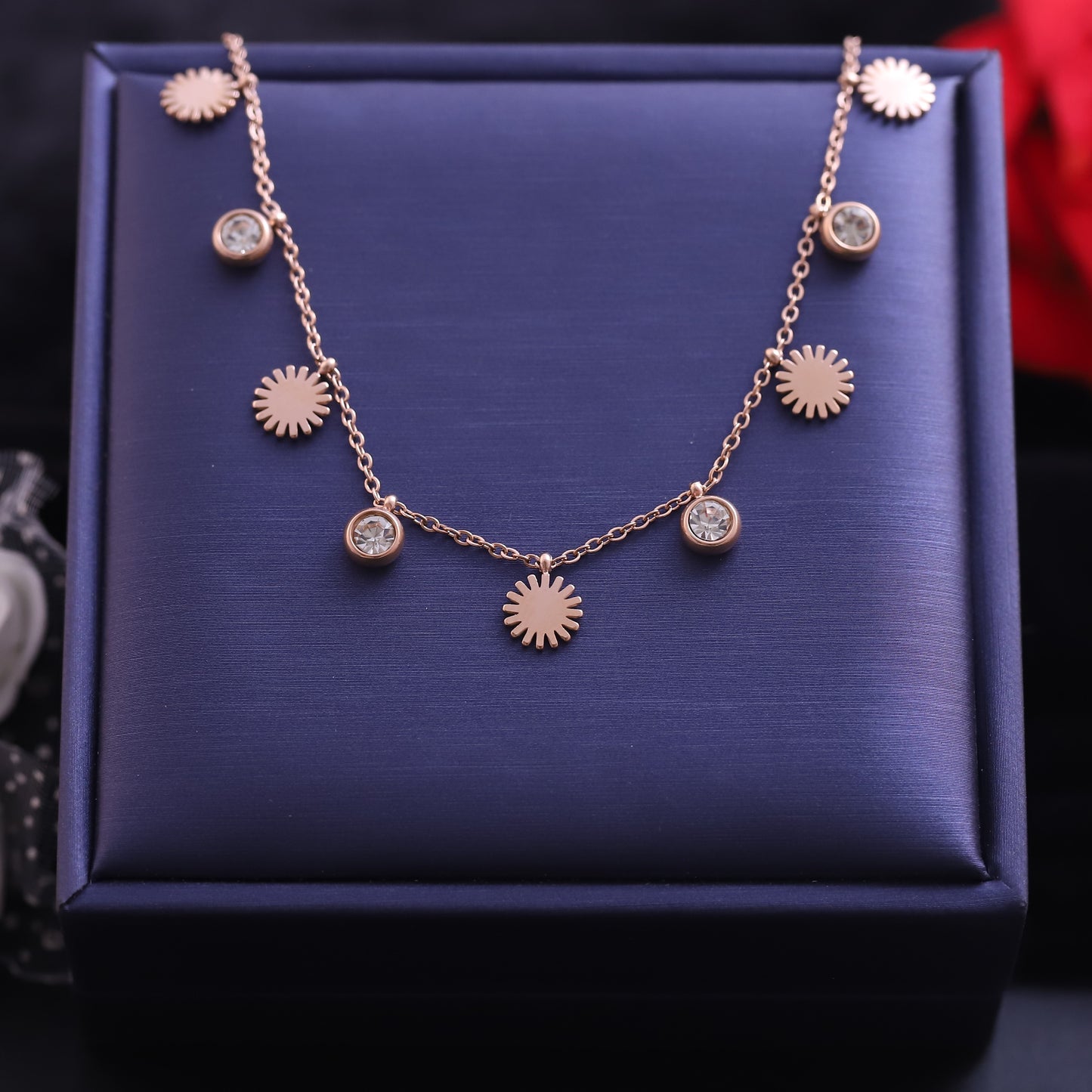 Rose Gold Sunflower and Zirconia Necklace | Delicate Floral Charm Pendant