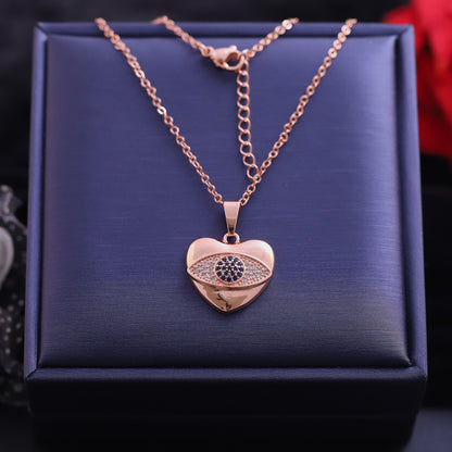 Rose Gold Heart with Evil Eye Necklace | Blue Stone & Pave Zirconia Pendant