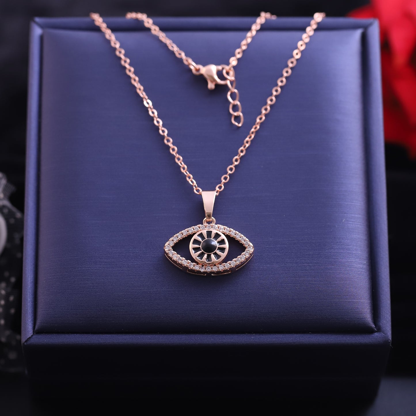Rose Gold Evil Eye Outline Necklace | Black Enamel & Pave Zirconia Pendant