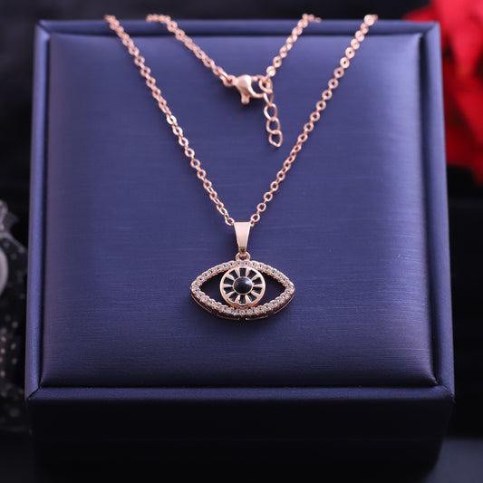 Rose Gold Evil Eye Outline Necklace | Black Enamel & Pave Zirconia Pendant