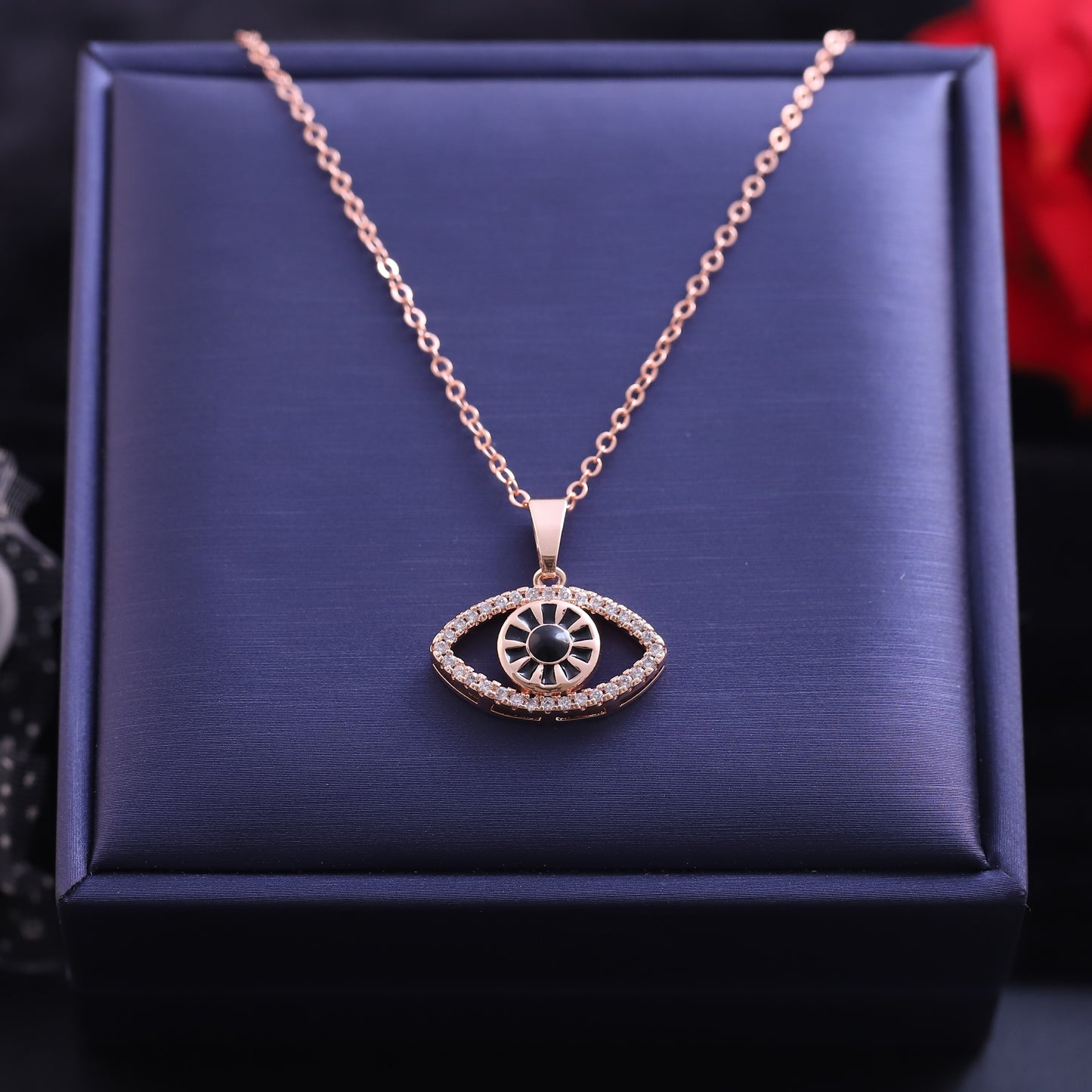 Rose Gold Evil Eye Outline Necklace | Black Enamel & Pave Zirconia Pendant