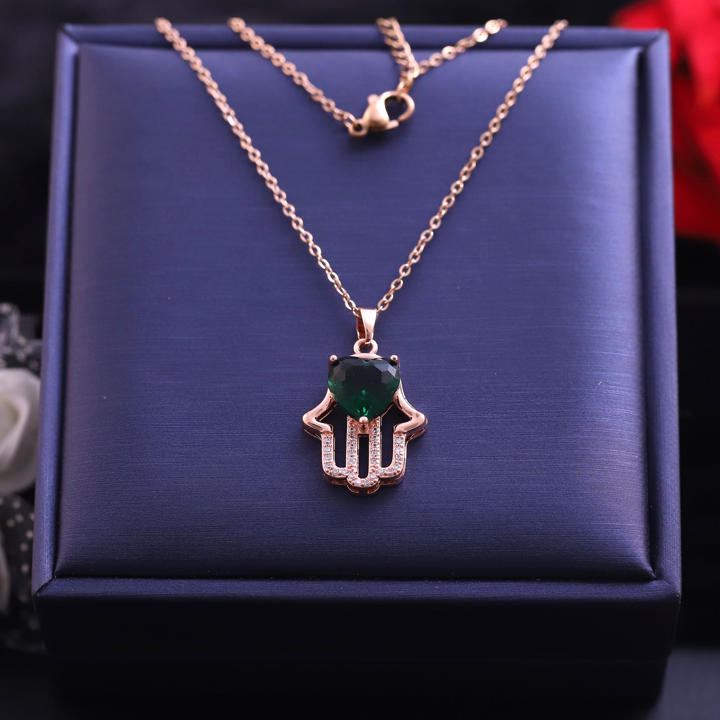 Rose Gold Hamsa Hand Necklace | Emerald Heart Center & Zirconia Accents