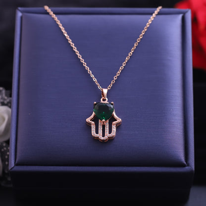 Rose Gold Hamsa Hand Necklace | Emerald Heart Center & Zirconia Accents