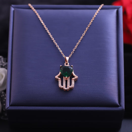 Rose Gold Hamsa Hand Necklace | Emerald Heart Center & Zirconia Accents