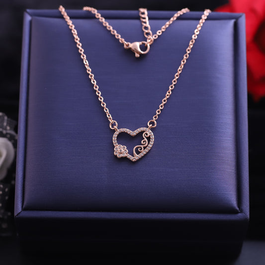 Rose Gold Heart with Flower & Scroll Necklace | Zirconia Pave Pendant