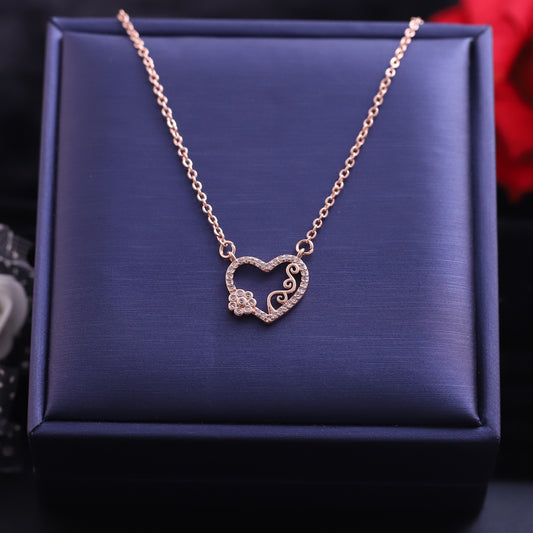 Rose Gold Heart with Flower & Scroll Necklace | Zirconia Pave Pendant