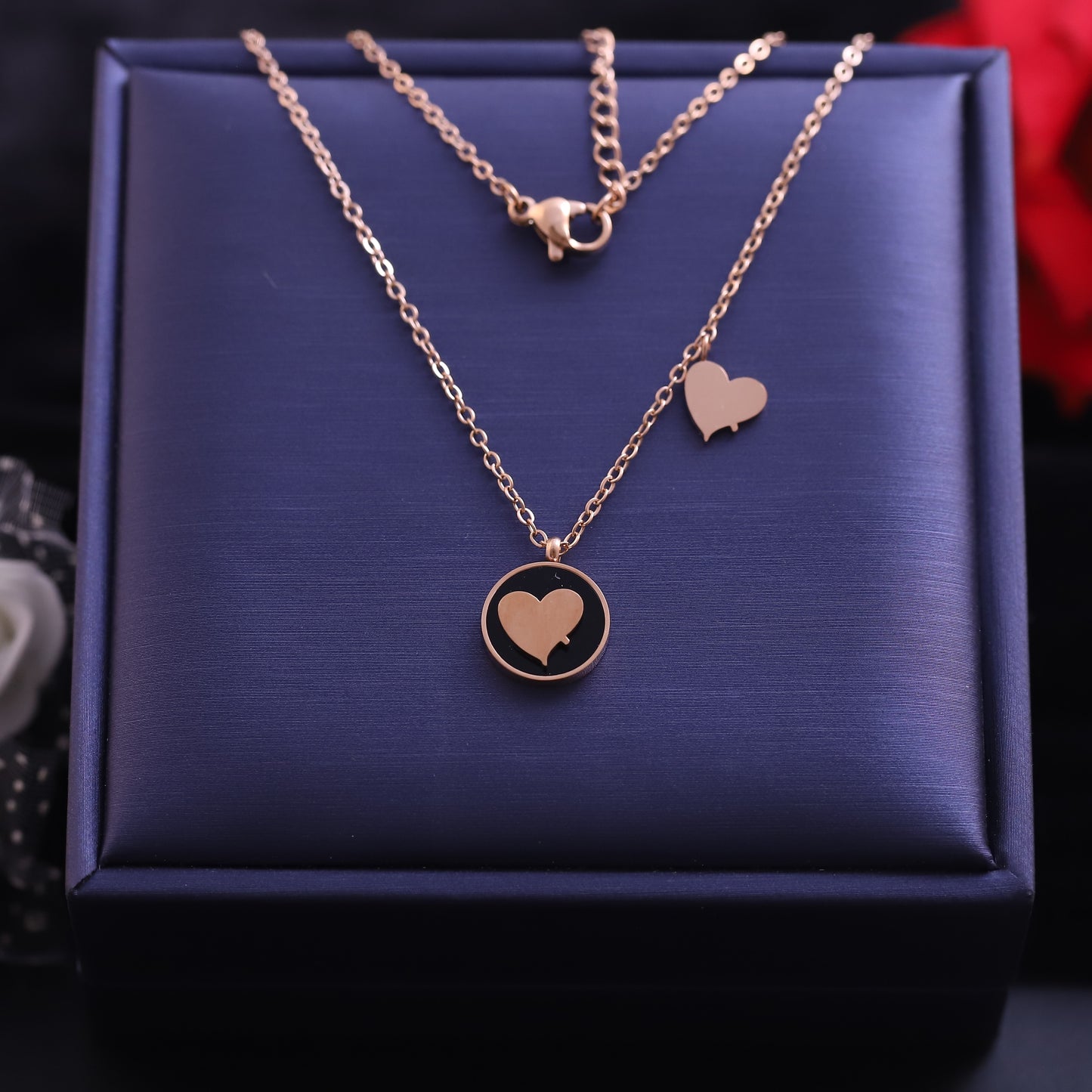 Rose Gold Heart Inlay Necklace | Minimalist Black Enamel Circle Pendant