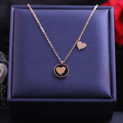 Rose Gold Heart Inlay Necklace | Minimalist Black Enamel Circle Pendant