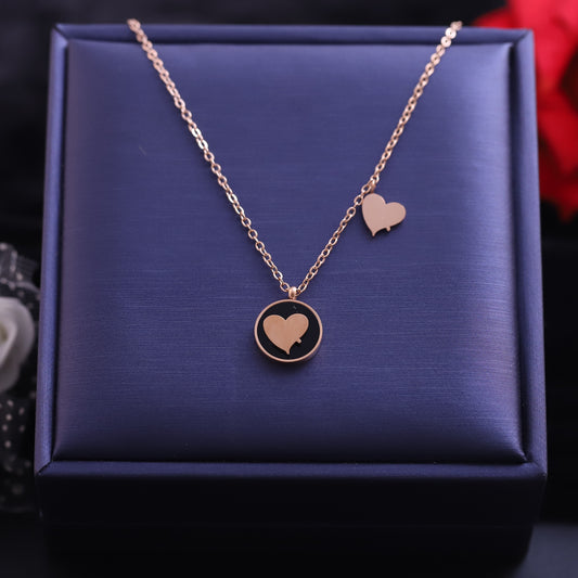 Rose Gold Heart Inlay Necklace | Minimalist Black Enamel Circle Pendant