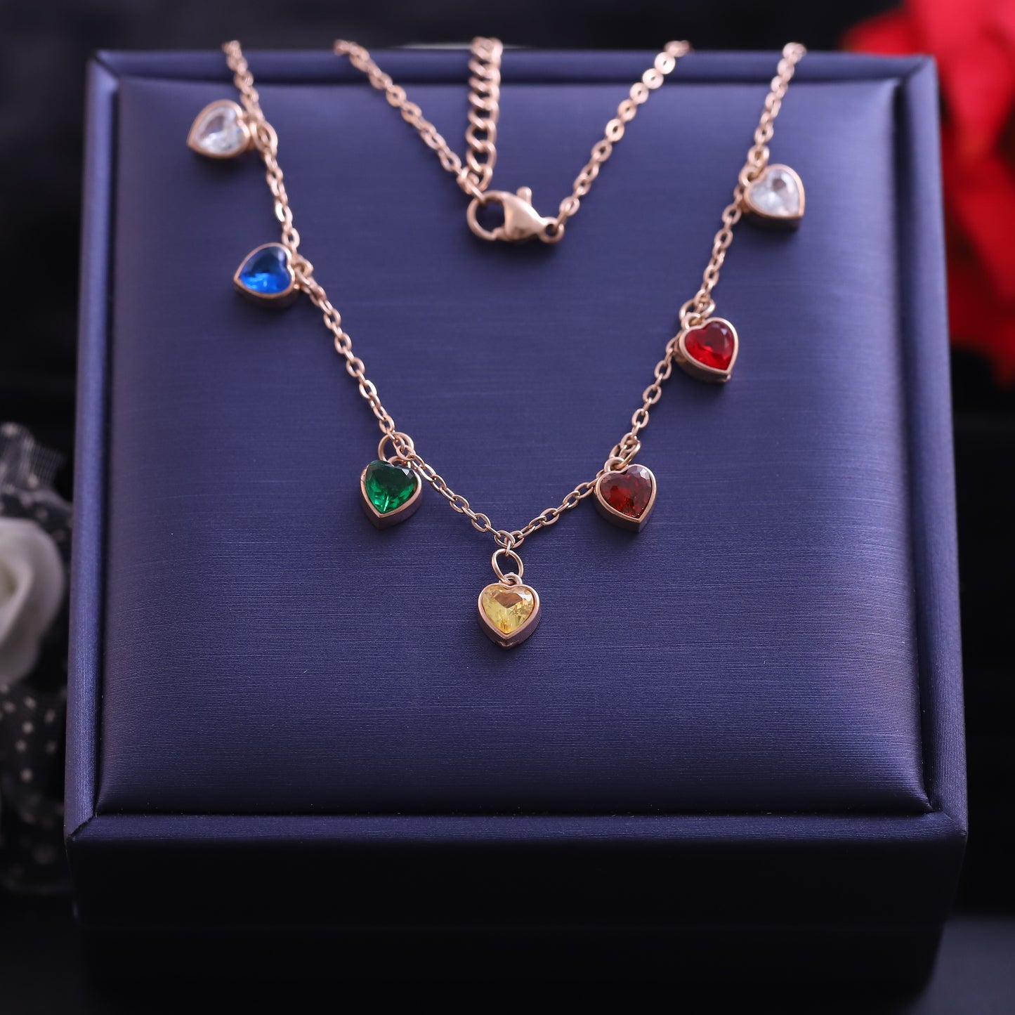 Rose Gold Colorful Heart Necklace | Multi-Color Zirconia Dangle