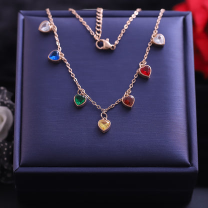 Rose Gold Colorful Heart Necklace | Multi-Color Zirconia Dangle
