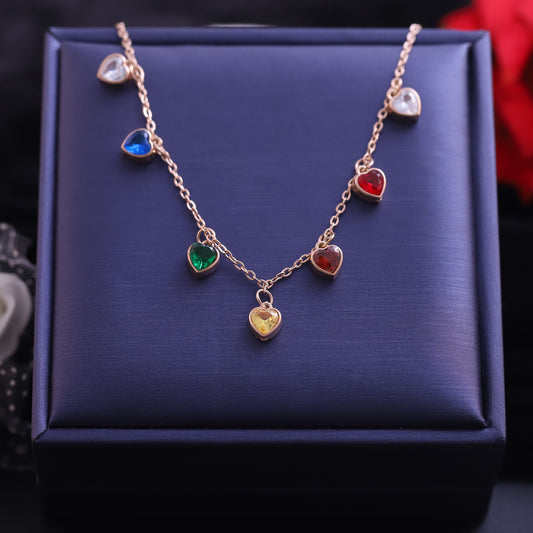 Rose Gold Colorful Heart Necklace | Multi-Color Zirconia Dangle