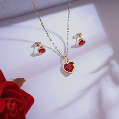 Elegant Gold Tone Red Crystal Heart Jewelry Set