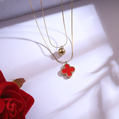 Golden Layered Red Clover Necklace Set