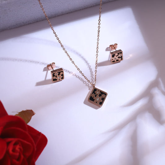Rose Gold & Black Square Pendant Necklace Set