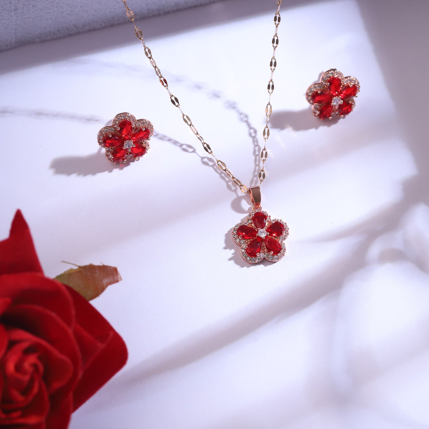 Rose Gold Red Floral Necklace Set