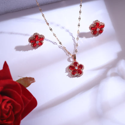Rose Gold Red Floral Necklace Set